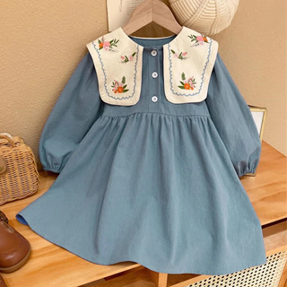 Urso Humor-vestido longo com lapela para meninas, vestido casual, bordado, cor azul, para crianças