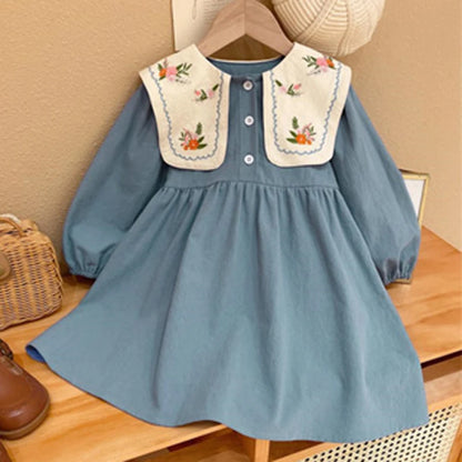 Urso Humor-vestido longo com lapela para meninas, vestido casual, bordado, cor azul, para crianças