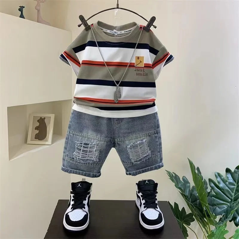 Meninos Verão 2023 New Boutique Design Outfits Algodão Set Baby Boys Camisa de Manga Curta Jeans Shorts 2pcs Vestuário Crianças 6 7 8Y