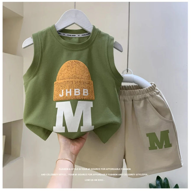 Conjunto de t-shirt e shorts infantis sem mangas, roupas infantis, roupas de moda, meninos, verão, novo, 2 peças, 2024