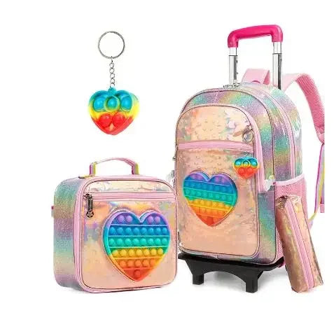 Mochila escolar com rodas para crianças, Rolling Bag with Wheels, Trolley Satchel para meninas