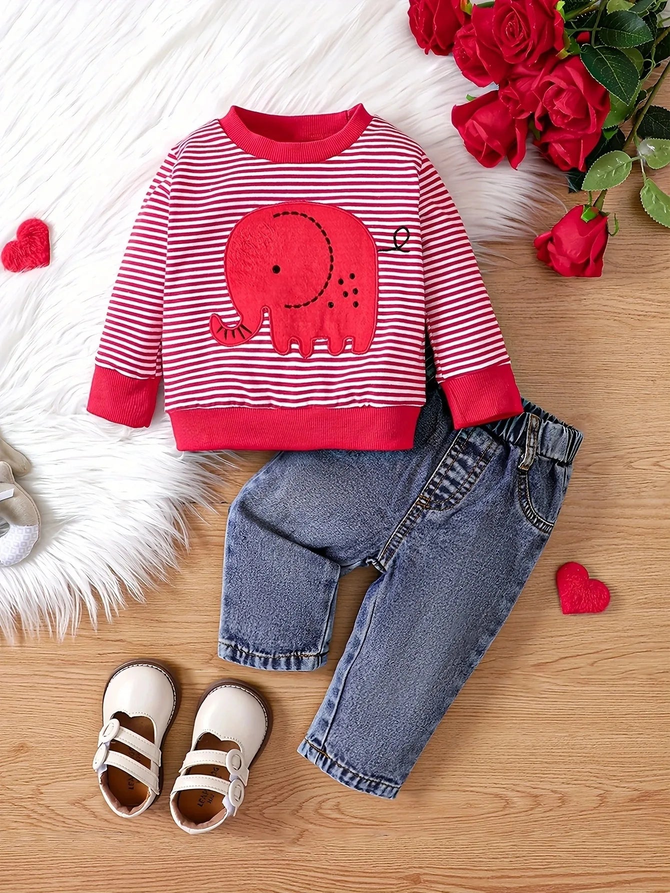 Conjunto de listras de elefantes para meninos e meninas, casual bonito estampado jeans, 0-24 meses, novo, primavera, outono