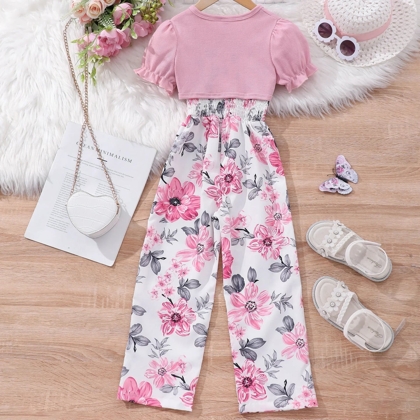 Conjunto de roupas femininas de verão, manga curta, xale tops, macacão floral, roupas infantis casuais, moda infantil, novo, 2 peças