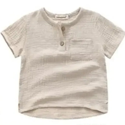 Camisa de manga curta para crianças, cor vintage, algodão, linho, botões escolares, design de bolso, tops para crianças, roupas infantis, verão