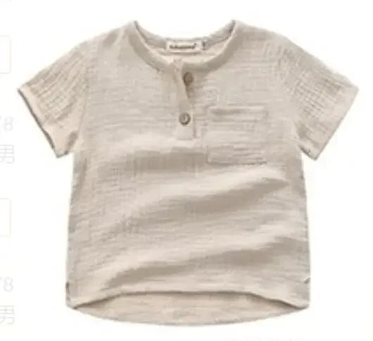 Camisa de manga curta para crianças, cor vintage, algodão, linho, botões escolares, design de bolso, tops para crianças, roupas infantis, verão