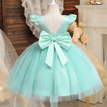 Criança Vermelha Natal Princesa Vestido, bonito Baby Girl 1 ° Aniversário Tutu Vestido, Recém-nascido Backless Bow Beading Xmas Traje