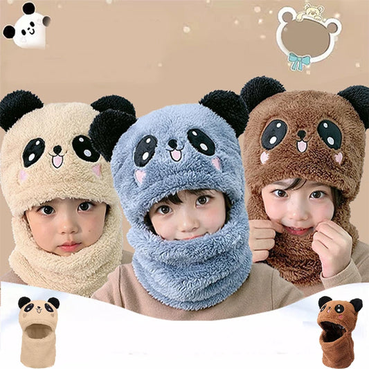 Chapéu do lenço do panda dos desenhos animados de pelúcia infantil, boné Balaclava Windproof, velo de cordeiro, gorro encapuzado, luxuoso, exterior, Esqui, Meninos, Meninas, Crianças, Inverno