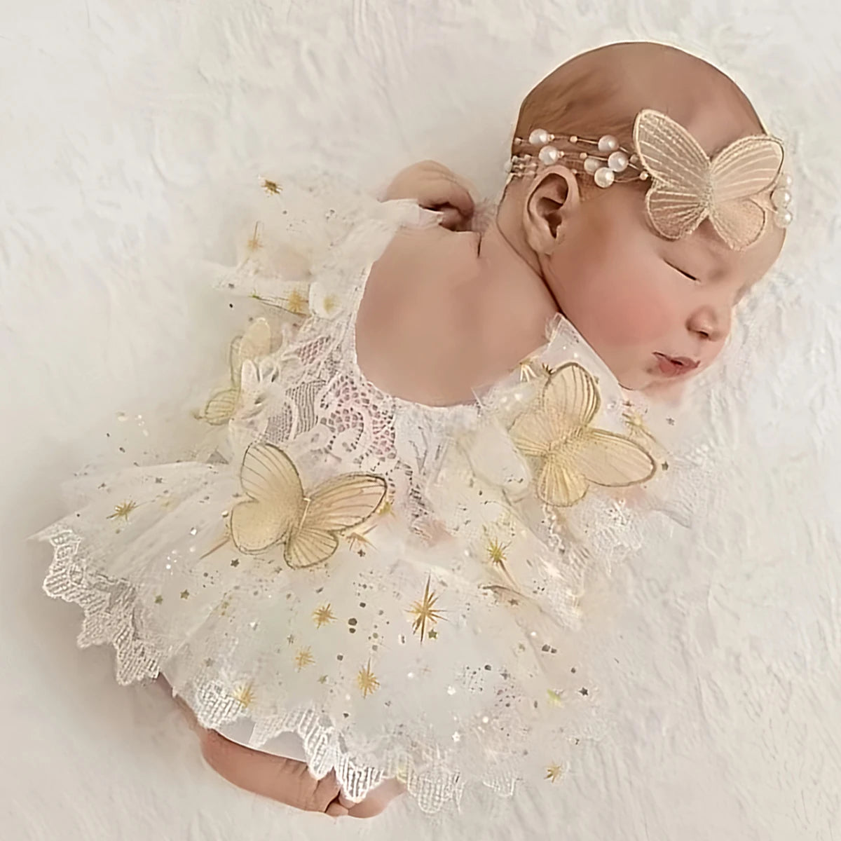 Roupa de Fotografia Recém-nascida, Romper de Renda com Headband Pérola, Adereços Fotográficos Infantis, Borboleta Bebé e Estrela Glitter