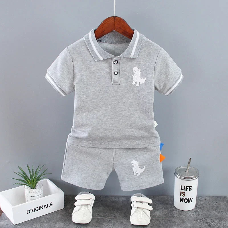 Roupas de verão para bebês meninos de 9 a 12 meses, camisetas com estampa de dinossauro, gola virada para baixo, tops e shorts, 2 peças, conjuntos de roupas infantis