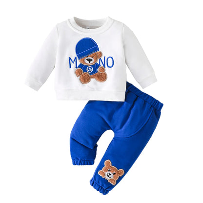 Casual Cartoon Urso Manga Longa Camiseta e Calças Navy Outfit, Conjunto de Roupas Infantis, Kids Wear, Criança Terno, 3-24 meses