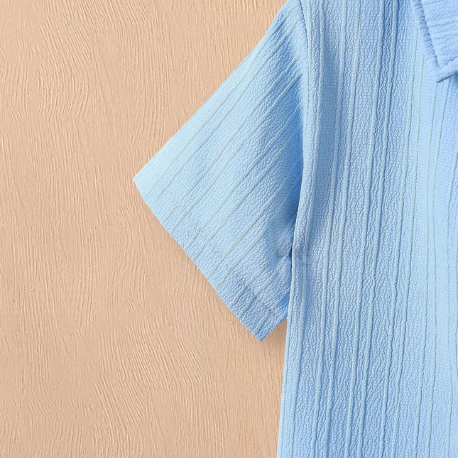 Conjunto de camisa e shorts de onda azul de 2 peças para meninos, roupas casuais infantis, simples, verão