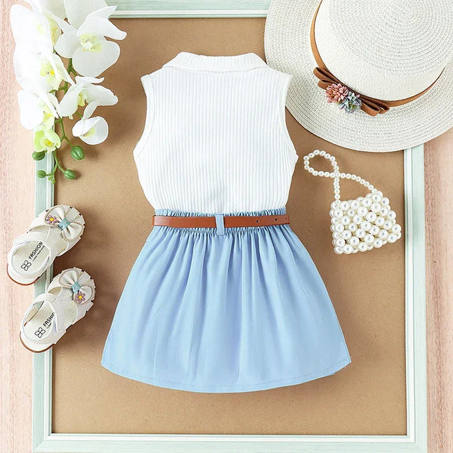 Conjunto de saia e cinto plissado e regata para meninas, gola virada para baixo, roupa infantil, verão