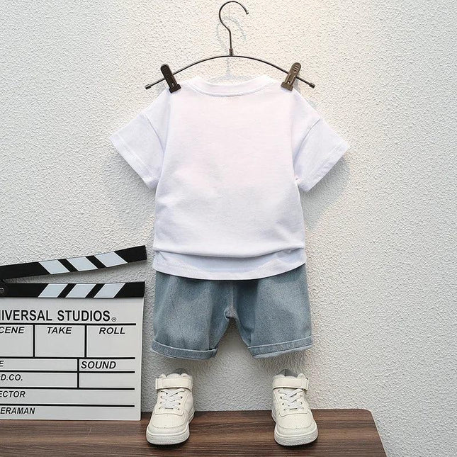 Desenhos animados de camiseta esportiva e shorts jeans rasgados para bebês, roupas infantis, roupas casuais, roupas de verão, novas