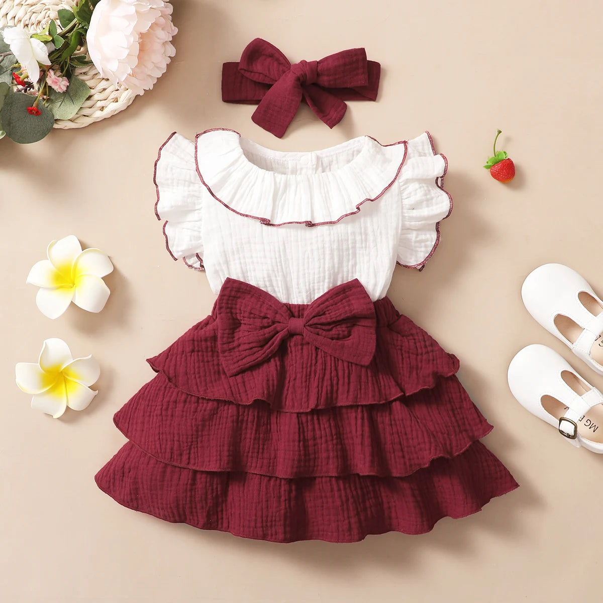 Vestido Cupcake de 3 Camadas para Bebé Menina, Vinho Tinto e Branco