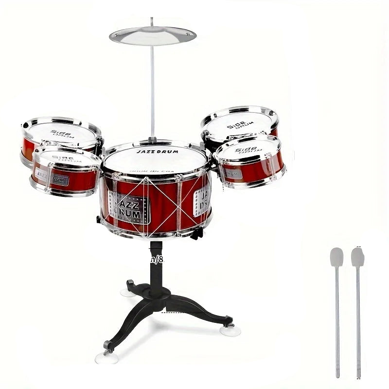 Conjunto de bateria de brinquedo musical para crianças, Instrumentos musicais com fezes, 2 tambores, prato e 5 tambores, crianças