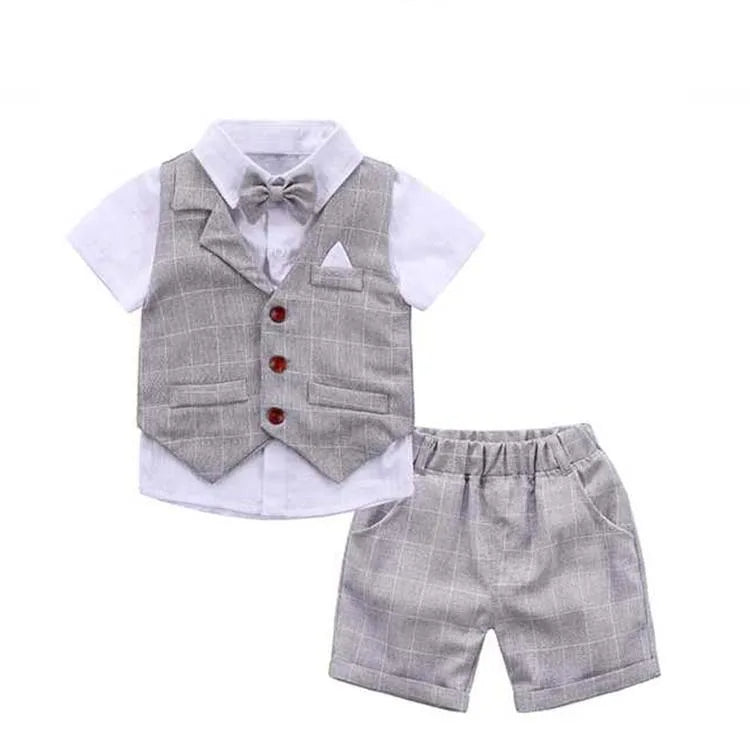 Camisa estampada coroa com laço e cinto de couro para meninos, roupa formal infantil, conjunto de roupas de festa de aniversário, verão, 1, 2, 3, 4, 5, 6 anos