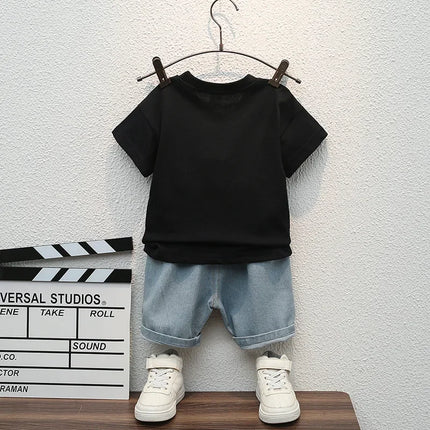 Desenhos animados de camiseta esportiva e shorts jeans rasgados para bebês, roupas infantis, roupas casuais, roupas de verão, novas