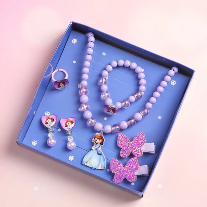 Disney-Congelado Conjunto de Jóias Elsa para Meninas, Clipes de Ouvido Bonitos, Anel Bebê, Elsa, Branca de Neve, Colar Infantil, Brinquedos Presente, 7 peças