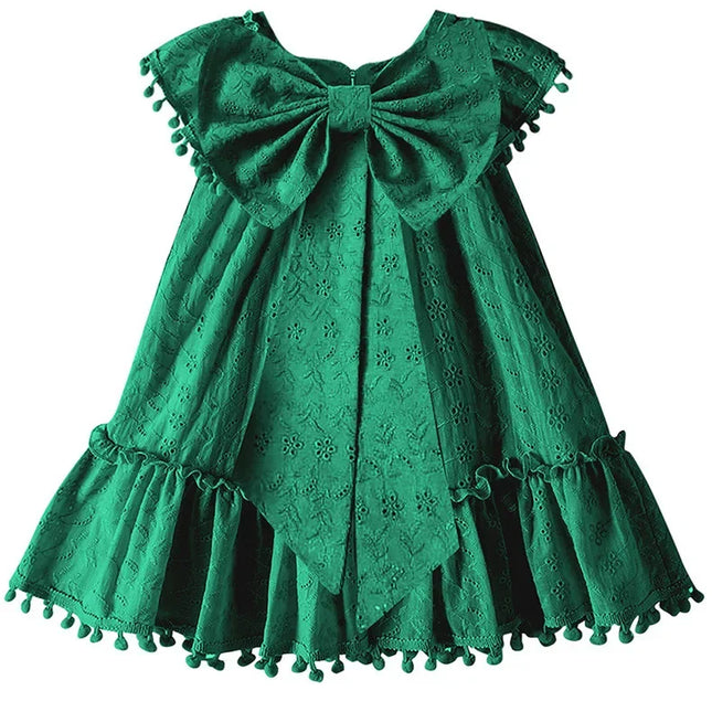 Vestido de manga pequena para criança, saia de bebê, fantasia de menina, algodão puro, borla, grande arco, festa de aniversário, 0-4 anos