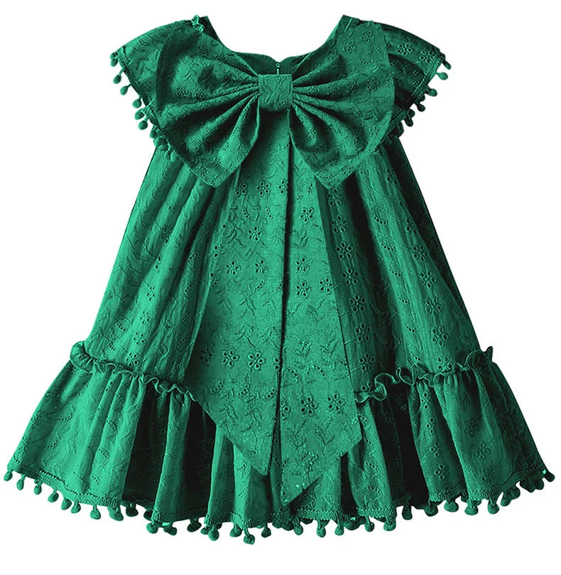 Vestido de manga pequena para criança, saia de bebê, fantasia de menina, algodão puro, borla, grande arco, festa de aniversário, 0-4 anos