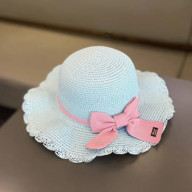 Verão Meninas Praia Chapéus De Sol Lótus Folha Brim Bonito Squinting Olhos Bowknot Outdoor Sun Protection Crianças Cap Palha Crianças