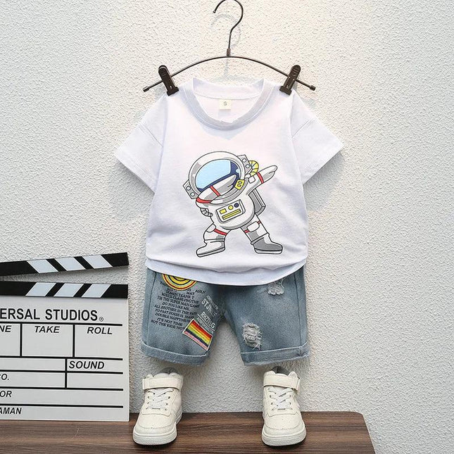 Desenhos animados de camiseta esportiva e shorts jeans rasgados para bebês, roupas infantis, roupas casuais, roupas de verão, novas