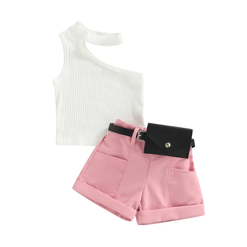 Conjunto de roupas estilo casual para meninas, tops, shorts, bolsa de cintura, decoração de bolsos infantil de 1 a 5 anos