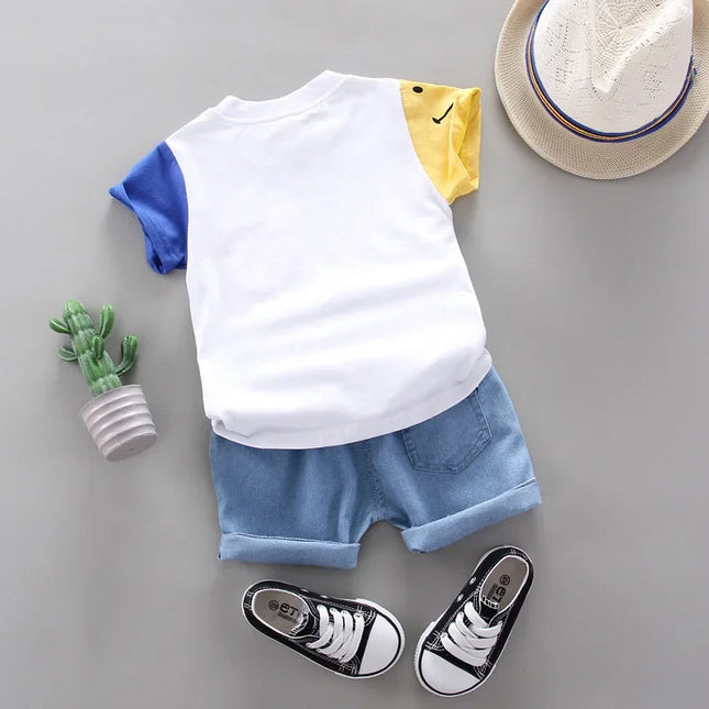 Conjuntos de t-shirt e shorts jeans de algodão infantil, roupas de bebê bonito, versão coreana, verão