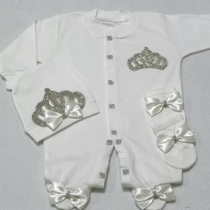 Nome personalizado bebê macacão menino algodão roupas de bebê recém-nascido 0-3 mês strass coroa jurken branco pijamas do bebê conjunto para meninos