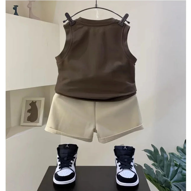 Conjunto de t-shirt e shorts infantis sem mangas, roupas infantis, roupas de moda, meninos, verão, novo, 2 peças, 2024