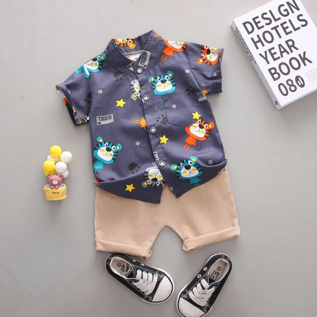 Cartoon Tiger Animal Random Print Shirt e Shorts Set, Infantil Criança Moda Verão, 2pcs