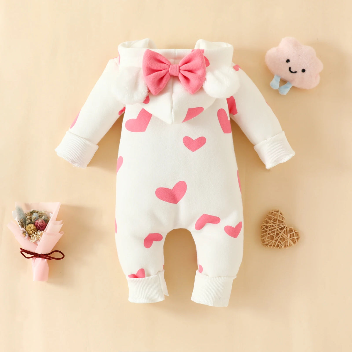 Romper de manga comprida grossa para bebês com chapéu e zíper, desgaste exterior quente, arco bonito, comprimento, amor, inverno