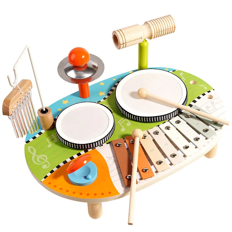 Xilofone de madeira para crianças, conjunto de tambor, sino de vento, instrumentos musicais sensoriais de percussão, brinquedos educativos montessori para crianças, presentes