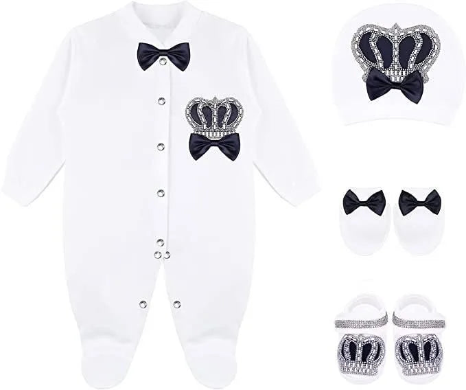 Nome personalizado bebê macacão menino algodão roupas de bebê recém-nascido 0-3 mês strass coroa jurken branco pijamas do bebê conjunto para meninos