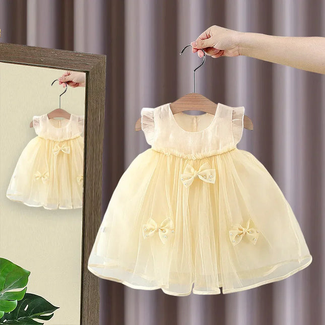 Vestido de princesa manga voadora infantil, roupa de verão feminina, novo estilo, fio de nuvem infantil, vestido de bebê